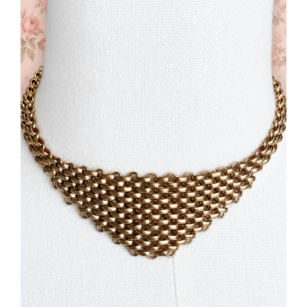 Vintage Gold Tone Interlocking Link Bib Choker Necklace Mesh Woven MCM Statement